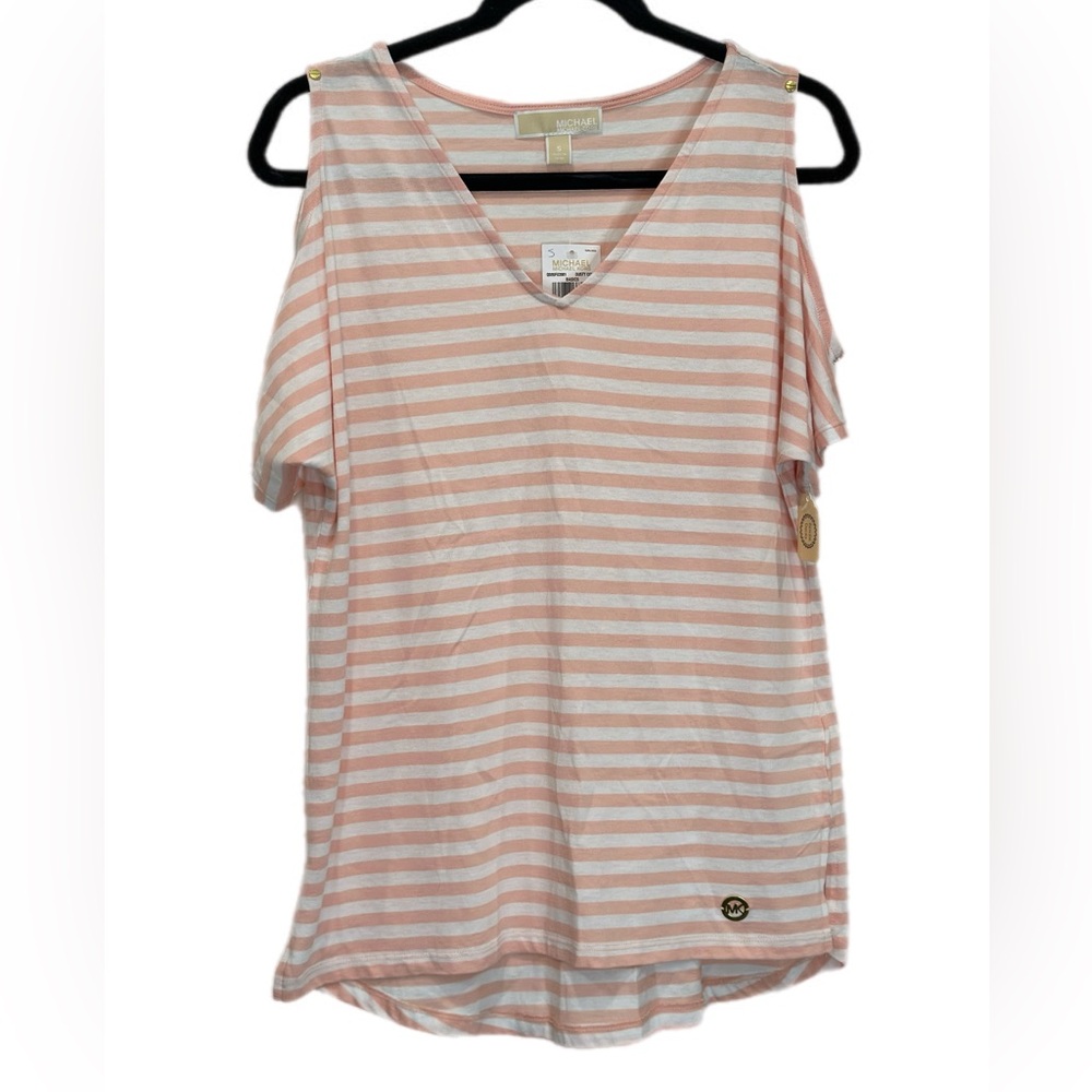 NWT Michael Kors Stripped Coral Short‎ Sleeve cold shoulder top